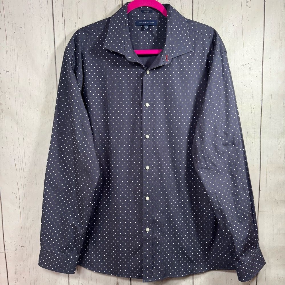 Tommy Hilfiger Slim Fit Mens Casual Button Down Shirt Playing Card Symbols Blue